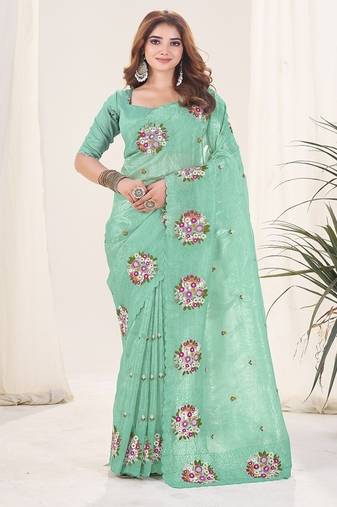 Sea Green Color Thread Work Silk Saree