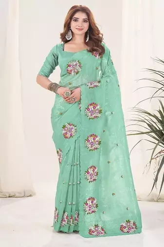 Sea Green Color Thread Work Silk Saree