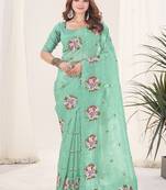 Sea Green Color Thread Work Silk Saree