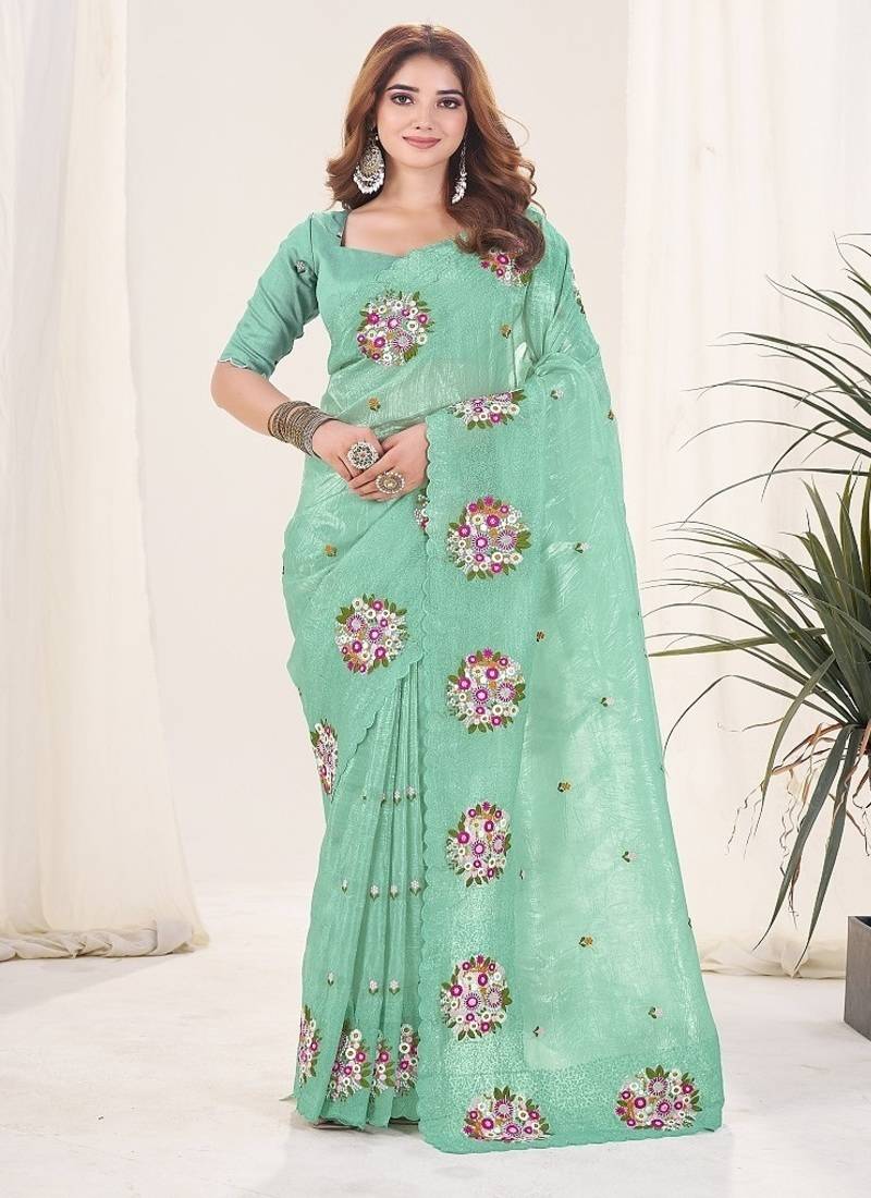 Sea Green Color Thread Work Silk Saree