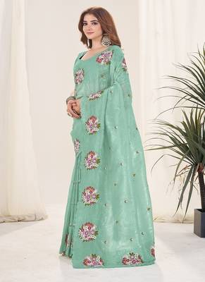 Sea Green Color Thread Work art silk saree 2