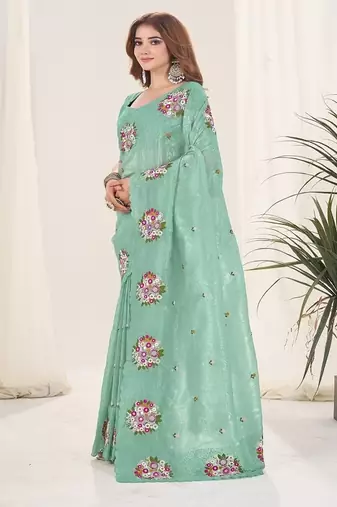 Sea Green Color Thread Work art silk saree