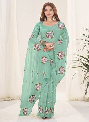 Sea Green Color Thread Work art silk saree 3