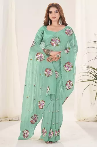 Sea Green Color Thread Work art silk saree