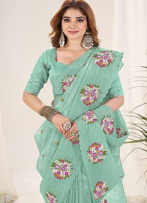 Sea Green Color Thread Work art silk saree 4