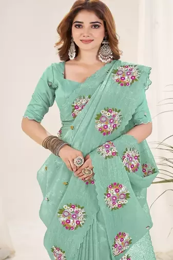 Sea Green Color Thread Work art silk saree