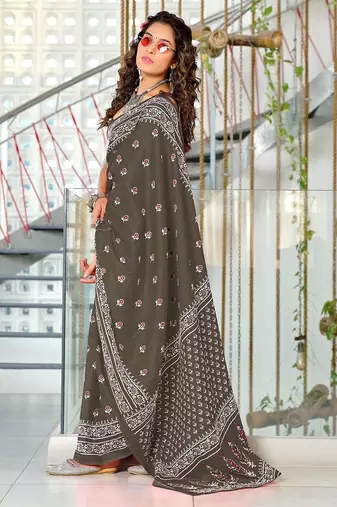 Brown floral print mulmul cotton saree with blouse.