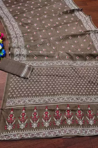 Brown floral print mulmul cotton saree with blouse.