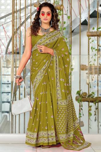 Green floral print mulmul cotton saree with blouse.