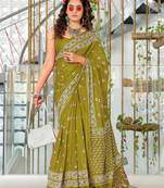 Green floral print mulmul cotton saree with blouse.