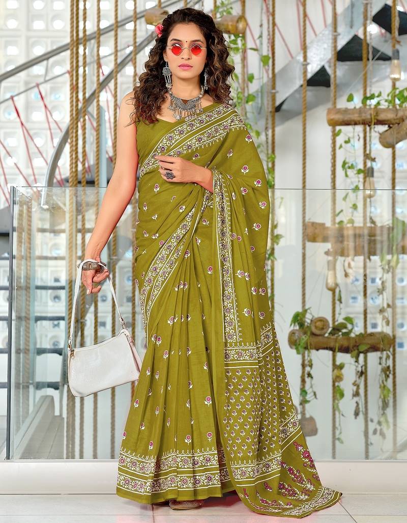 Green floral print mulmul cotton saree with blouse.