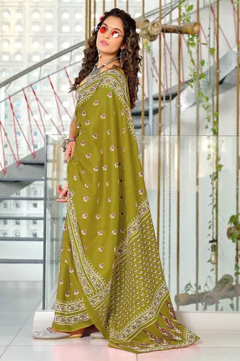 Green floral print mulmul cotton saree with blouse.