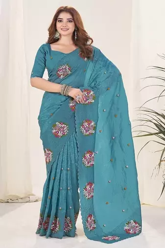 Teal Color Thread Work Silk Saree