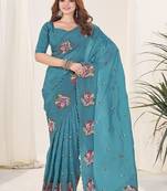 Teal Color Thread Work Silk Saree
