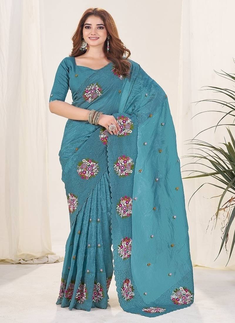 Teal Color Thread Work Silk Saree