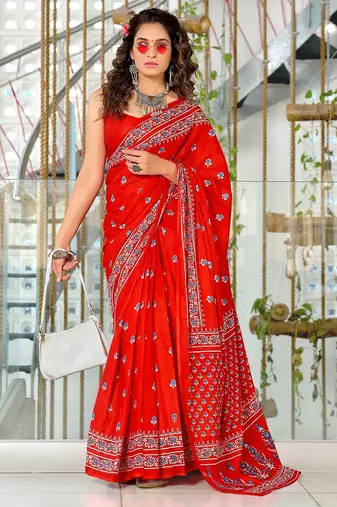 Red floral print mulmul cotton saree with blouse.