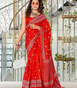 Red floral print mulmul cotton saree with blouse.