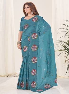 Teal Color Thread Work art silk saree 2