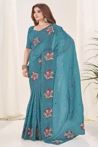 Teal Color Thread Work art silk saree