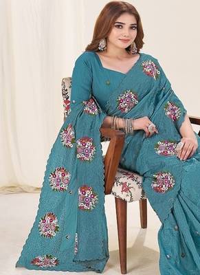 Teal Color Thread Work art silk saree 3
