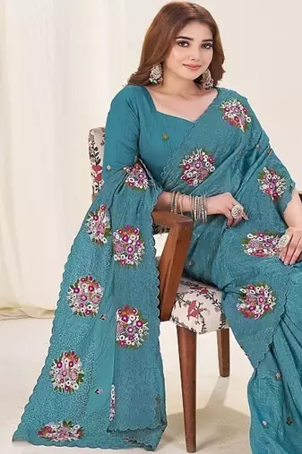 Teal Color Thread Work art silk saree