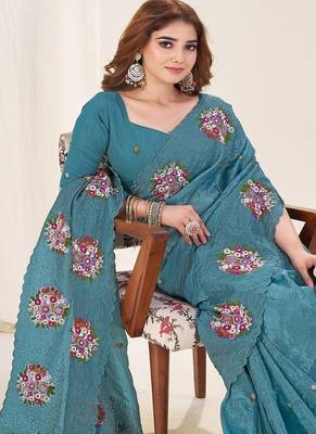 Teal Color Thread Work art silk saree 4