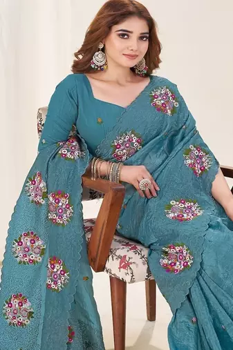 Teal Color Thread Work art silk saree