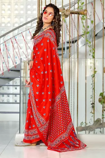 Red floral print mulmul cotton saree with blouse.