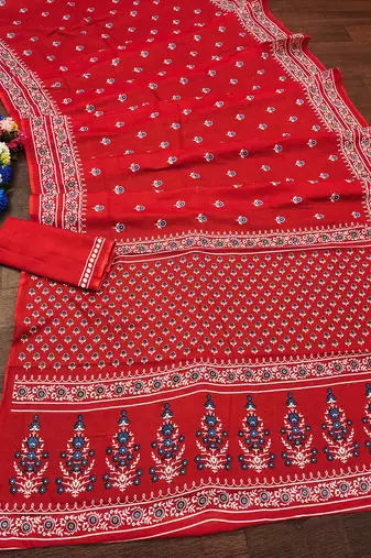 Red floral print mulmul cotton saree with blouse.