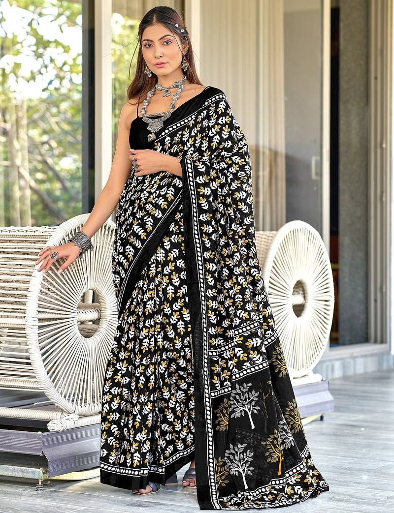 Black floral print mulmul cotton saree with blouse.