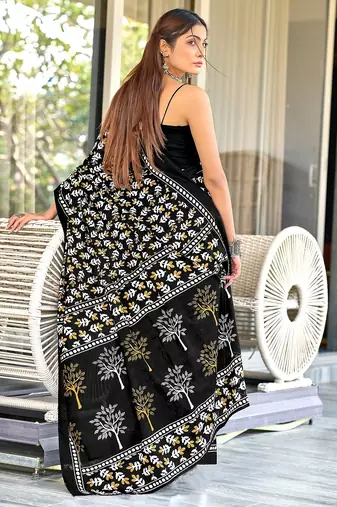 Black floral print mulmul cotton saree with blouse.
