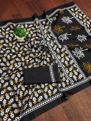 Black floral print mulmul cotton saree with blouse. 5