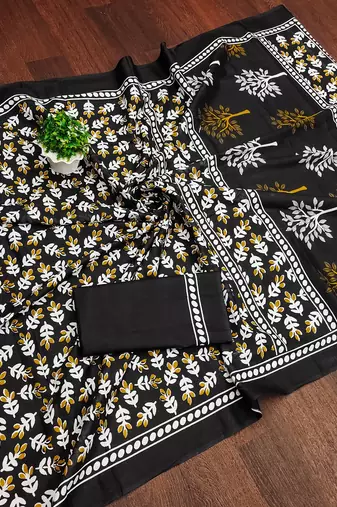 Black floral print mulmul cotton saree with blouse.