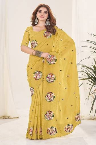 Yellow Color Thread Work Silk Saree
