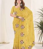 Yellow Color Thread Work Silk Saree