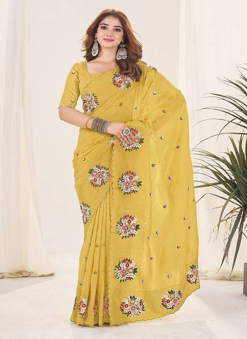 Yellow Color Thread Work Silk Saree