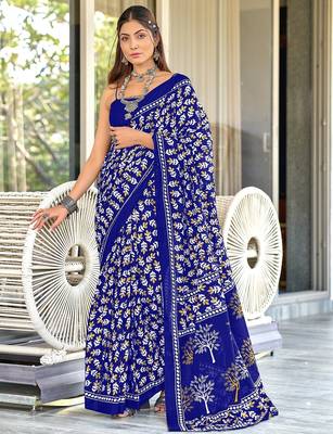 Blue floral print mulmul cotton saree with blouse. 1