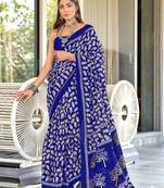 Blue floral print mulmul cotton saree with blouse.