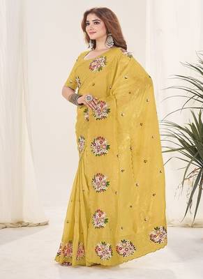 Yellow Color Thread Work art silk saree 2