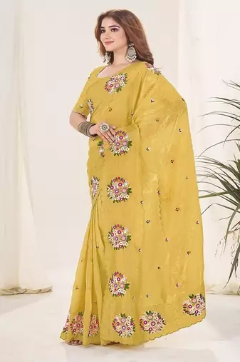 Yellow Color Thread Work art silk saree