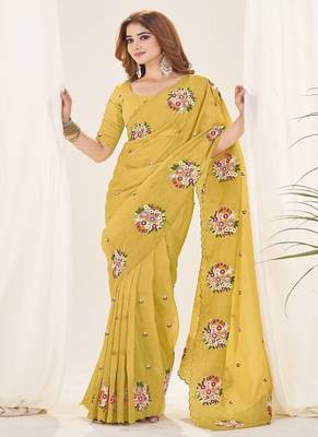 Yellow Color Thread Work art silk saree 3
