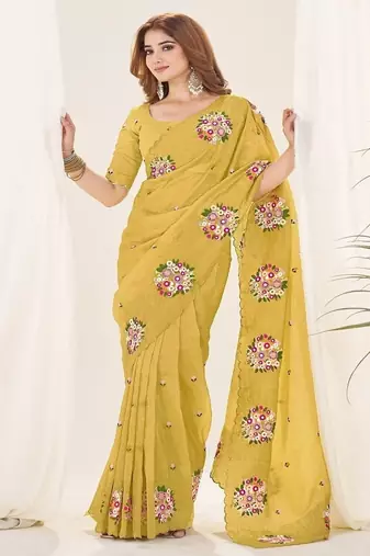 Yellow Color Thread Work art silk saree