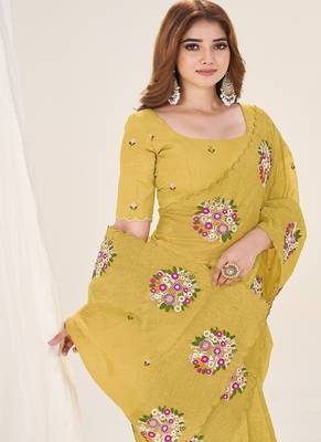 Yellow Color Thread Work art silk saree 4