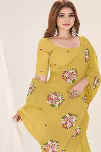Yellow Color Thread Work art silk saree