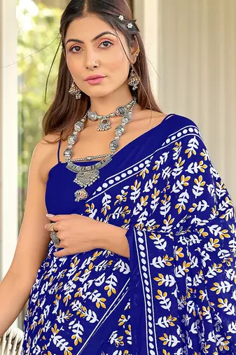 Blue floral print mulmul cotton saree with blouse.