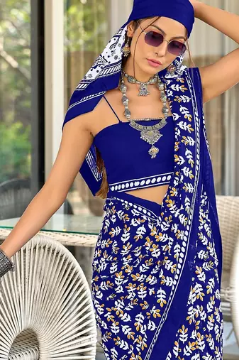 Blue floral print mulmul cotton saree with blouse.