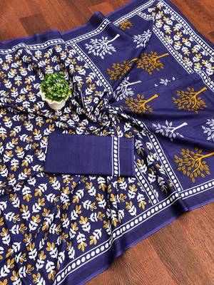 Blue floral print mulmul cotton saree with blouse. 5