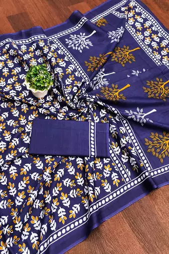 Blue floral print mulmul cotton saree with blouse.