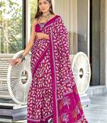 Pink floral print mulmul cotton saree with blouse.