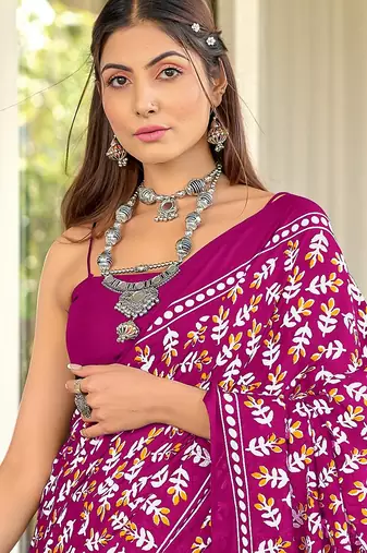 Pink floral print mulmul cotton saree with blouse.